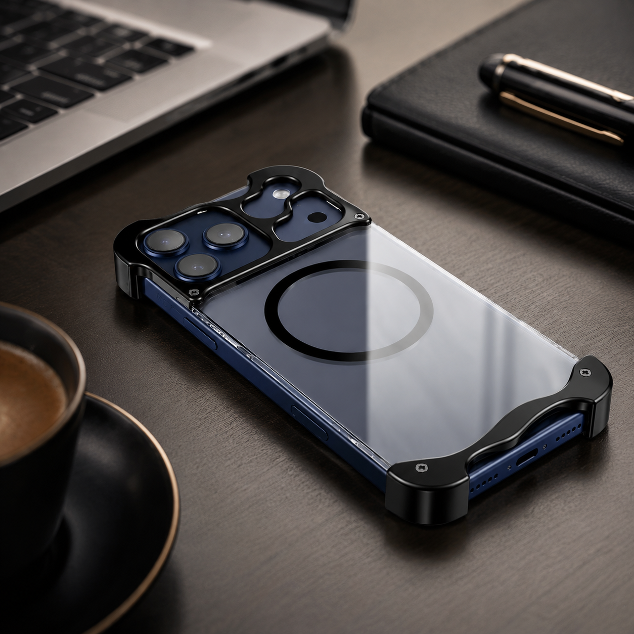Premium iPhone Case Aluminum Corner Bumper MagSafe Compatible Magnetic Protective Cover Transparent Back Shockproof Camera Lens Guard