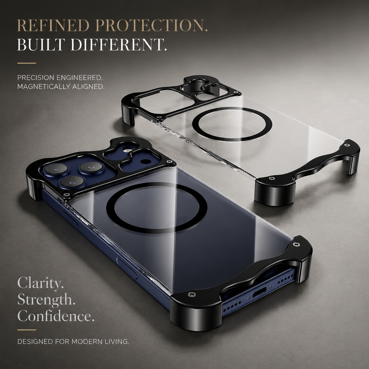 Premium iPhone Case Aluminum Corner Bumper MagSafe Compatible Magnetic Protective Cover Transparent Back Shockproof Camera Lens Guard
