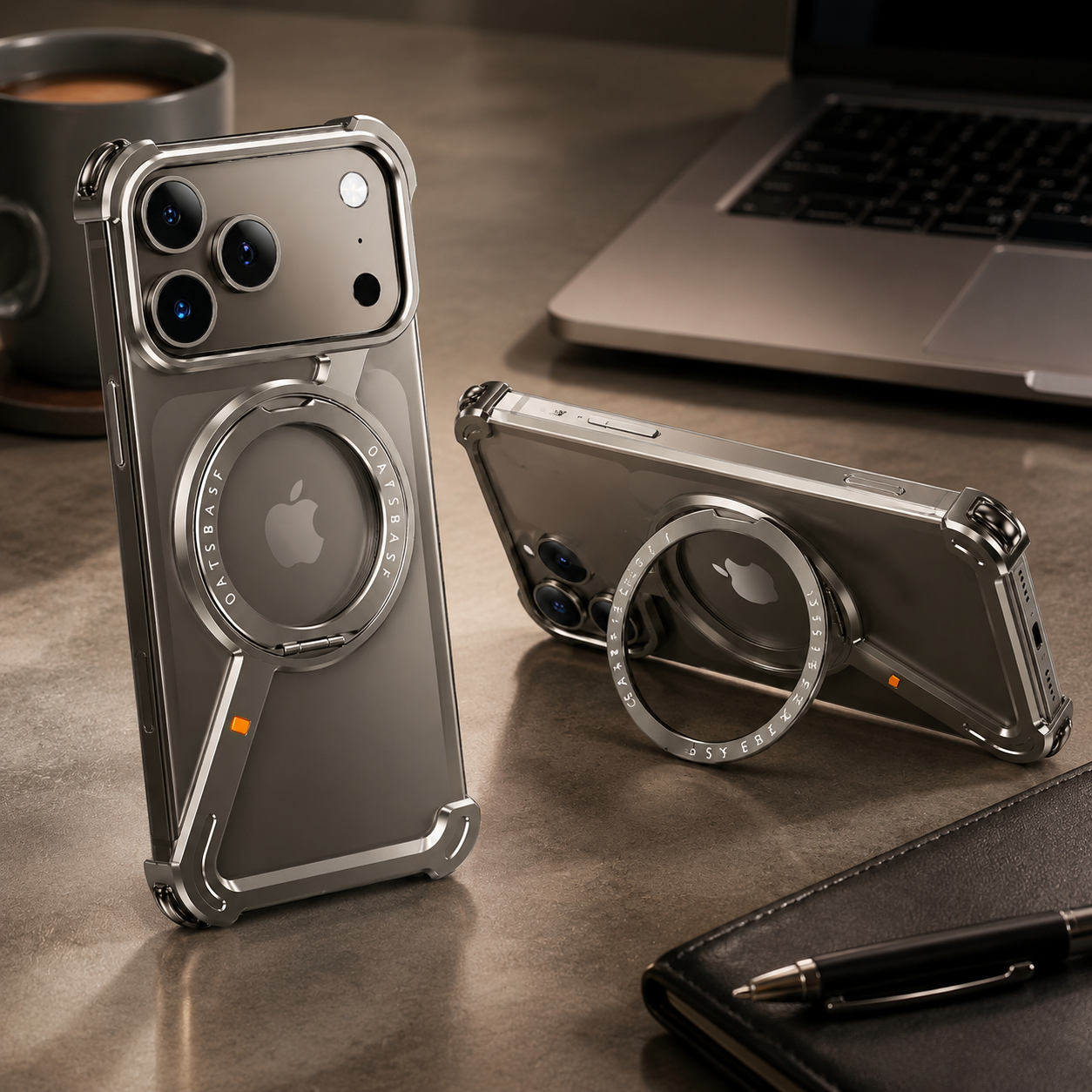 Premium iPhone Case Aluminum Magnetic Frameless MagSafe Compatible Protective Cover 360° Rotating Stand Ring Shockproof Camera Lens Guard