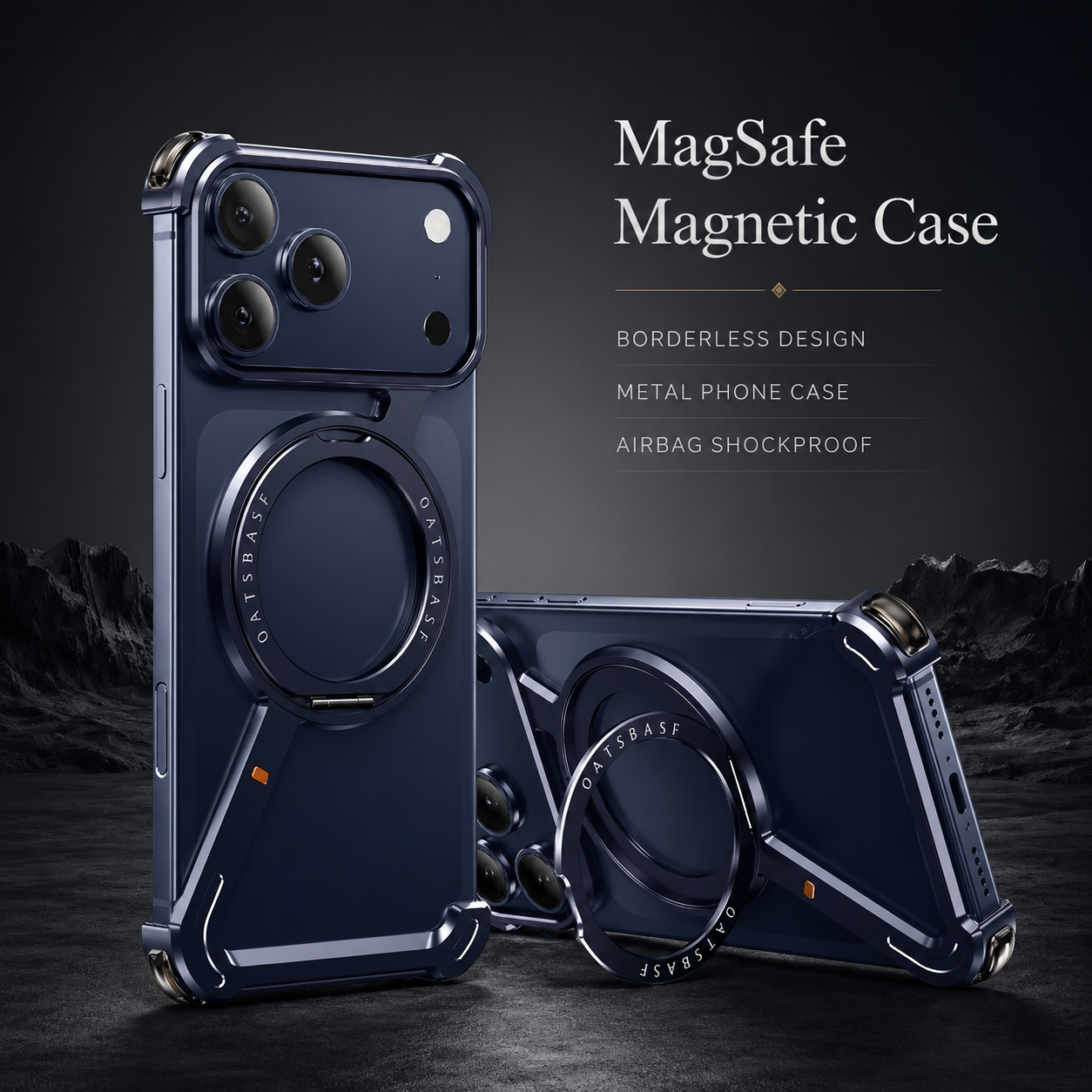 Premium iPhone Case Aluminum Magnetic Frameless MagSafe Compatible Protective Cover 360° Rotating Stand Ring Shockproof Camera Lens Guard
