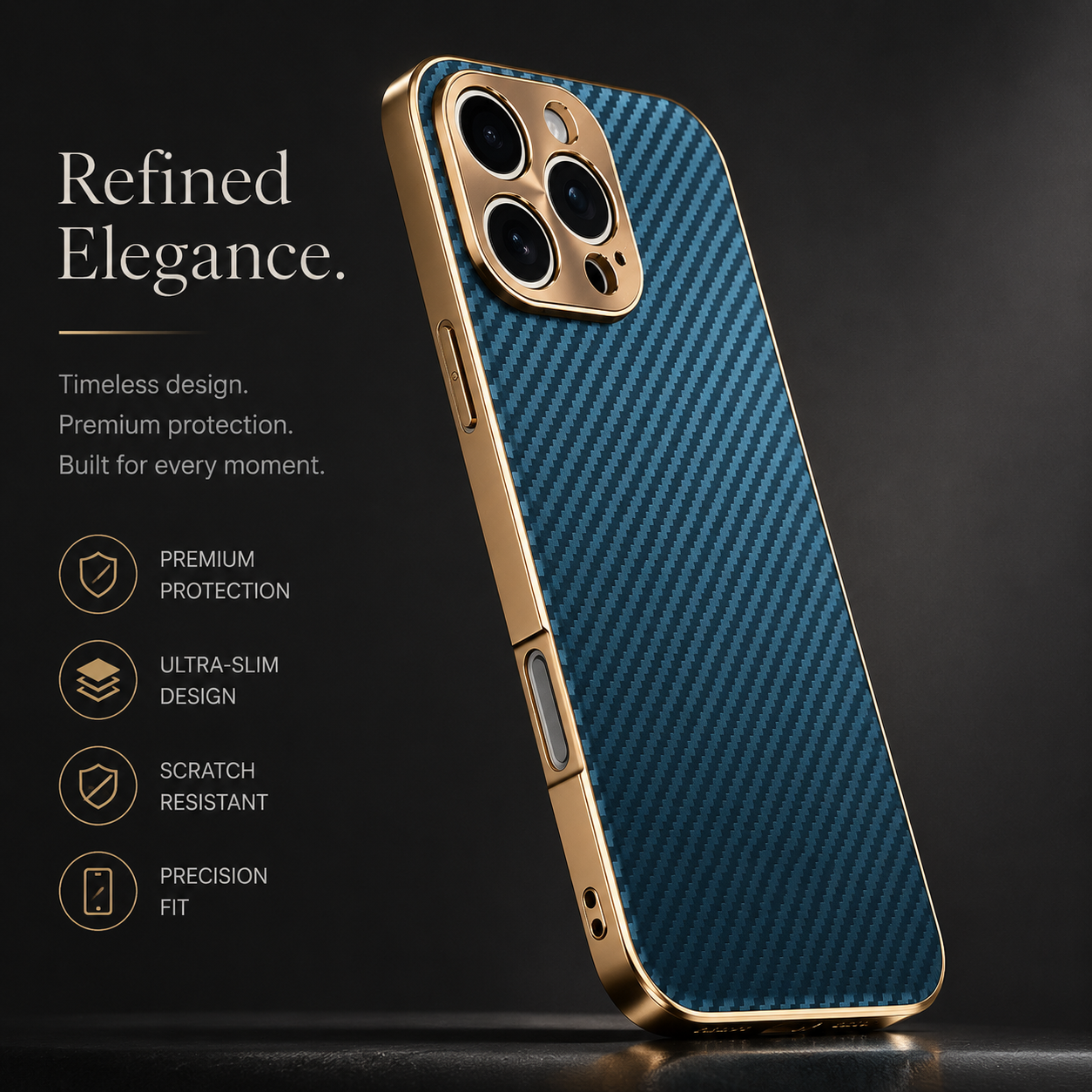 Premium iPhone Case Carbon Fiber Leather Alloy Lens Protection Shockproof Slim Fit Plating Design Wireless Charging Compatible Cover