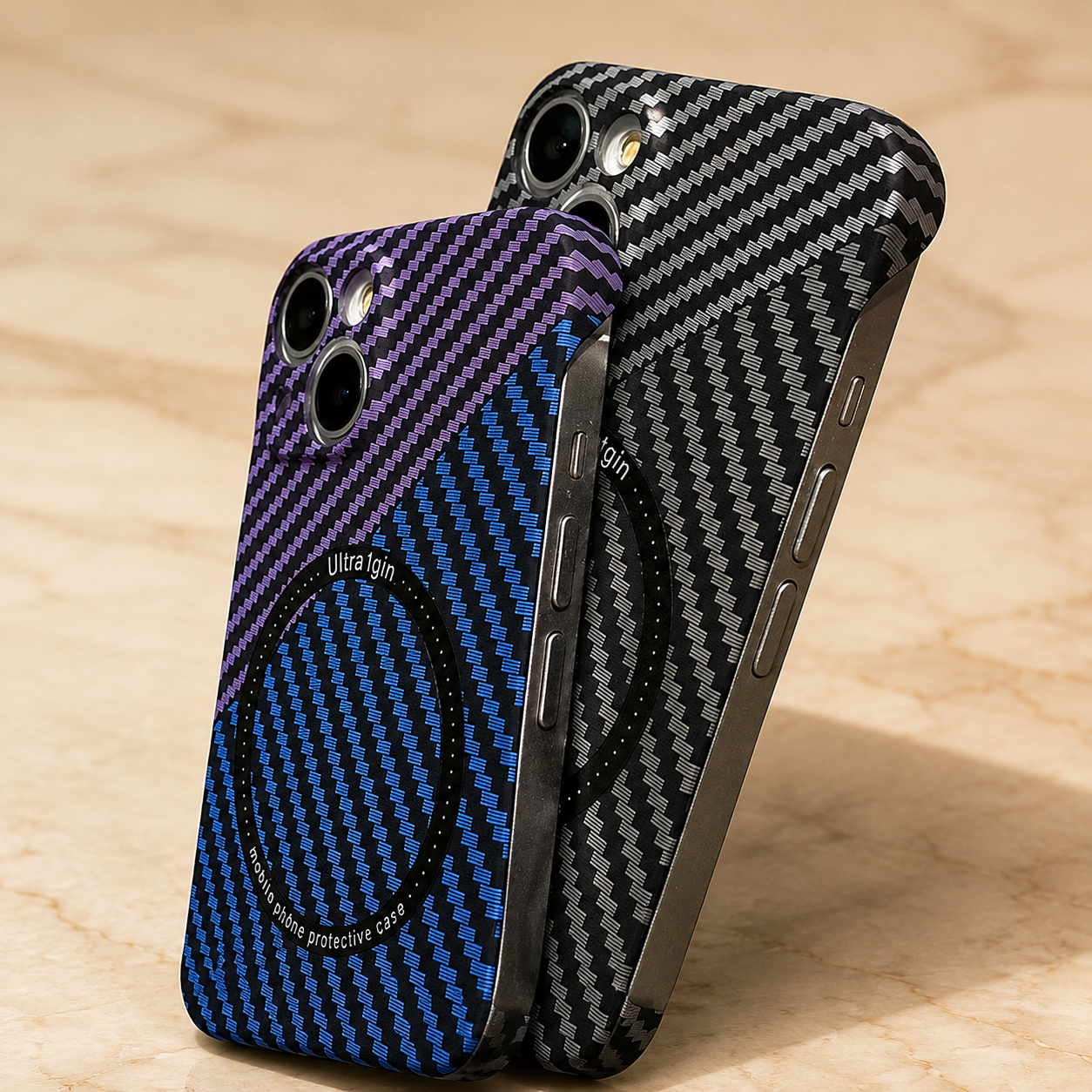Premium iPhone Case Carbon Fiber MagSafe Cover Frameless Matte PC Slim Protective Case Logo Hollow Magnetic Ring Wireless Charging Compatible