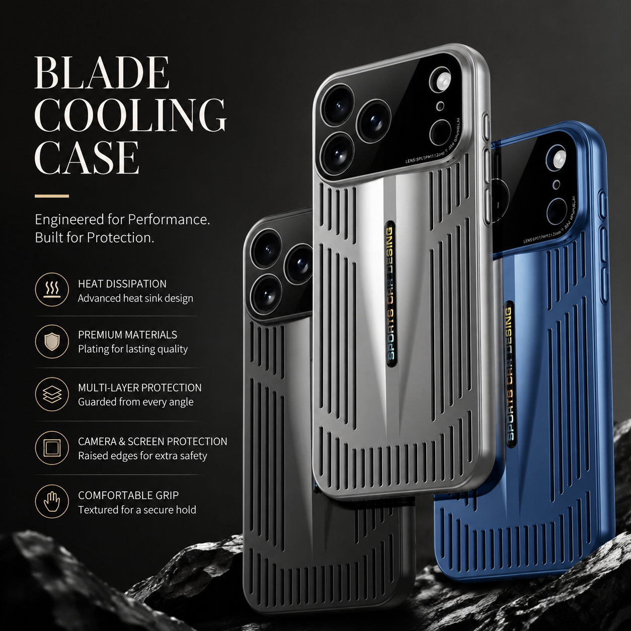 Premium iPhone Case Cooling Protective Cover Shockproof PC TPU Anti Scratch Anti Fingerprint Heat Dissipation Non Slip Slim Full Coverage