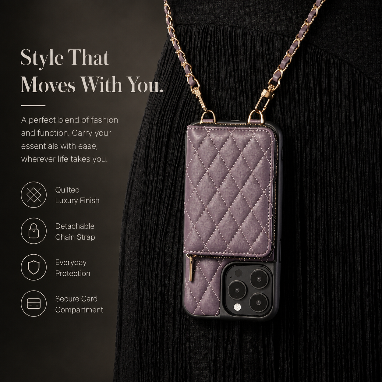 Premium iPhone Case Crossbody Leather Card Holder Cover Chain Strap Camera Lens Protection Shockproof Anti Scratch Non Slip Full Coverage