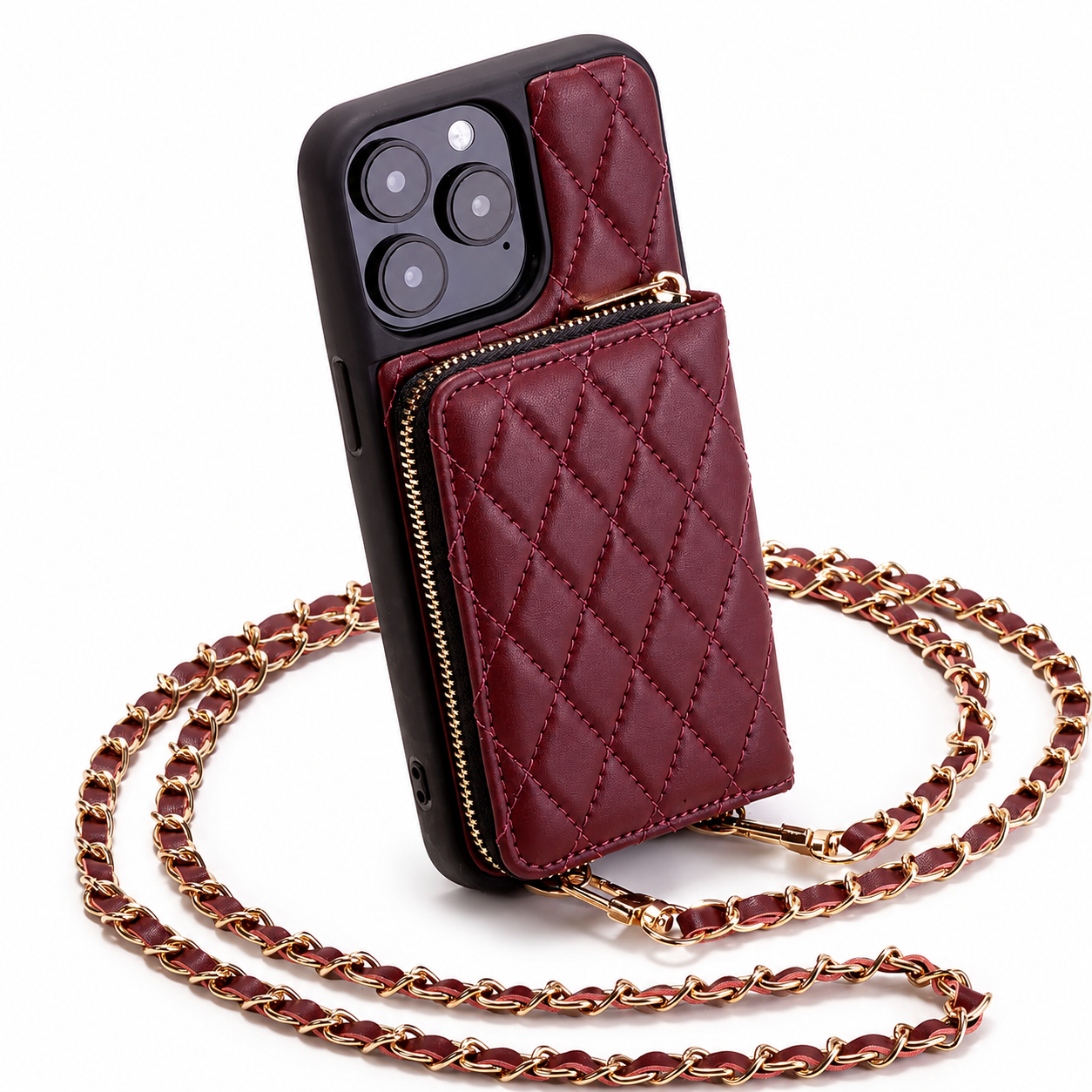 Premium iPhone Case Crossbody Leather Card Holder Cover Chain Strap Camera Lens Protection Shockproof Anti Scratch Non Slip Full Coverage