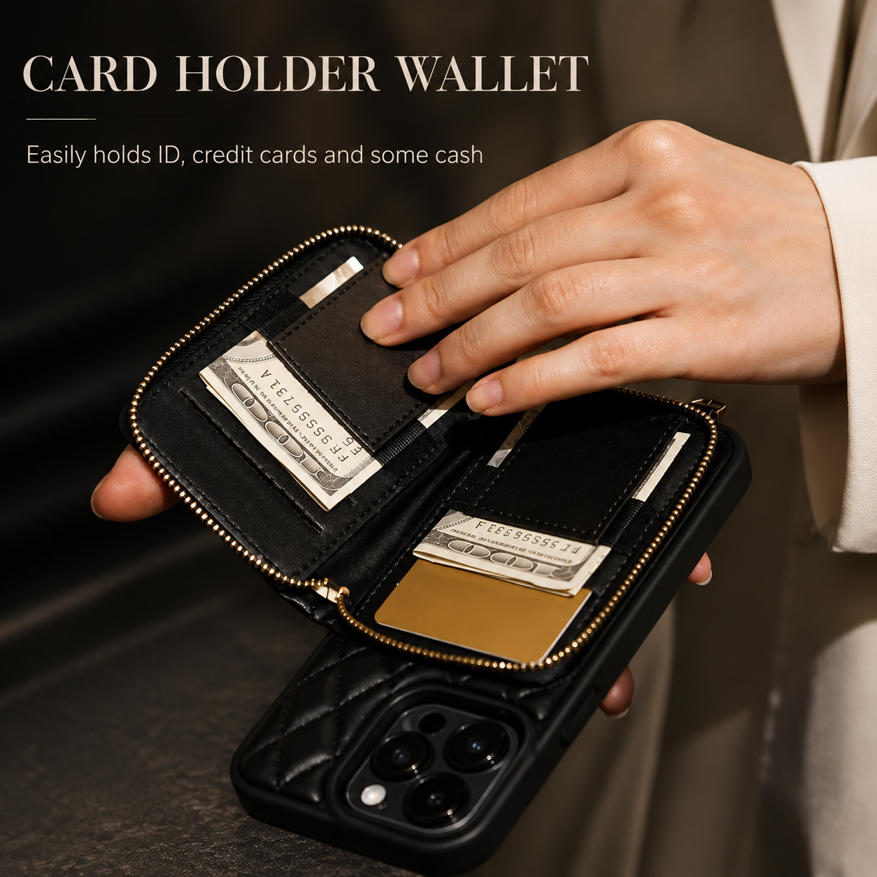 Premium iPhone Case Crossbody Leather Card Holder Cover Chain Strap Camera Lens Protection Shockproof Anti Scratch Non Slip Full Coverage