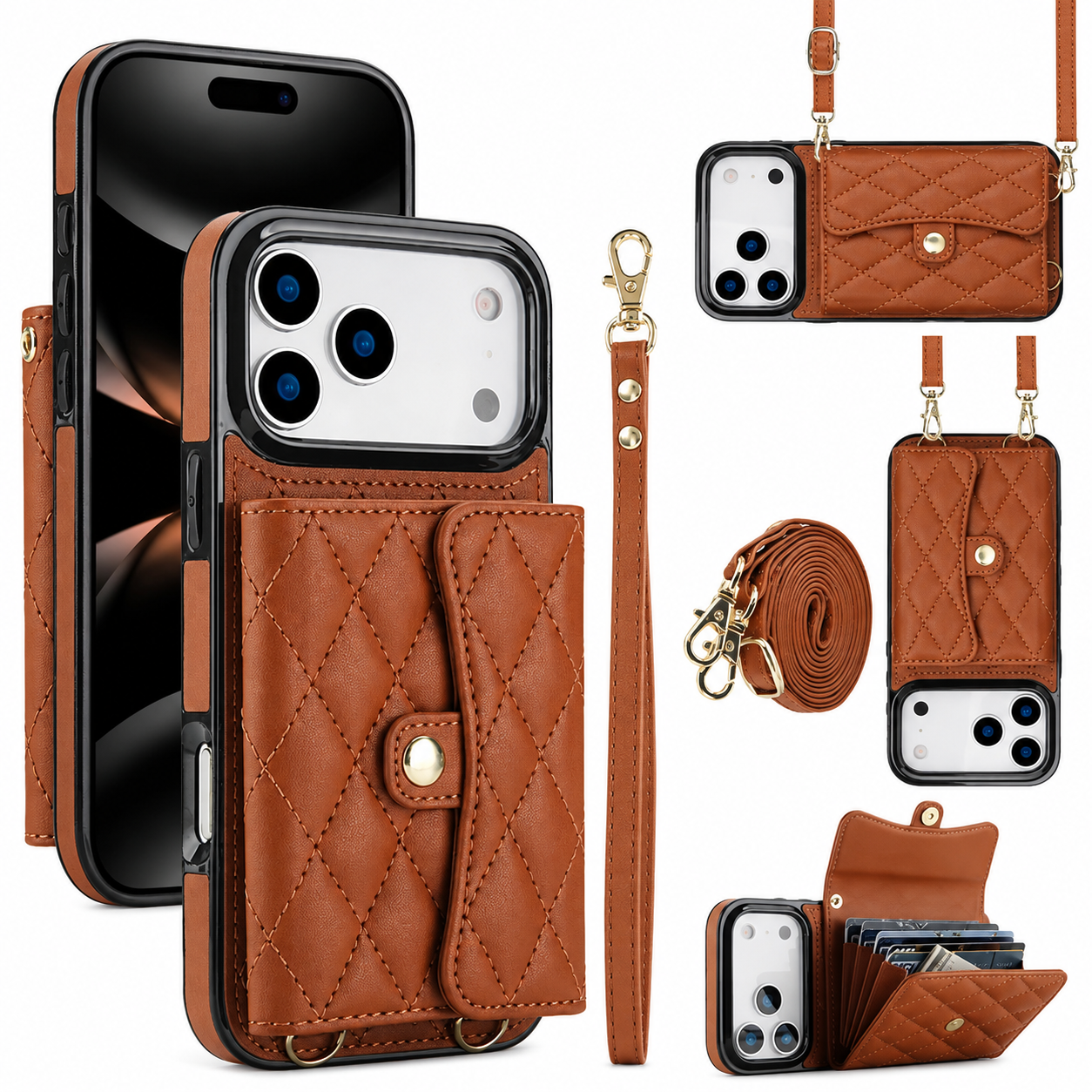 Premium iPhone Case Crossbody Leather Wallet Cover Card Holder Coin Pocket Wrist Strap Shoulder Strap Shockproof Protective Cover Full Coverage Non Slip Design