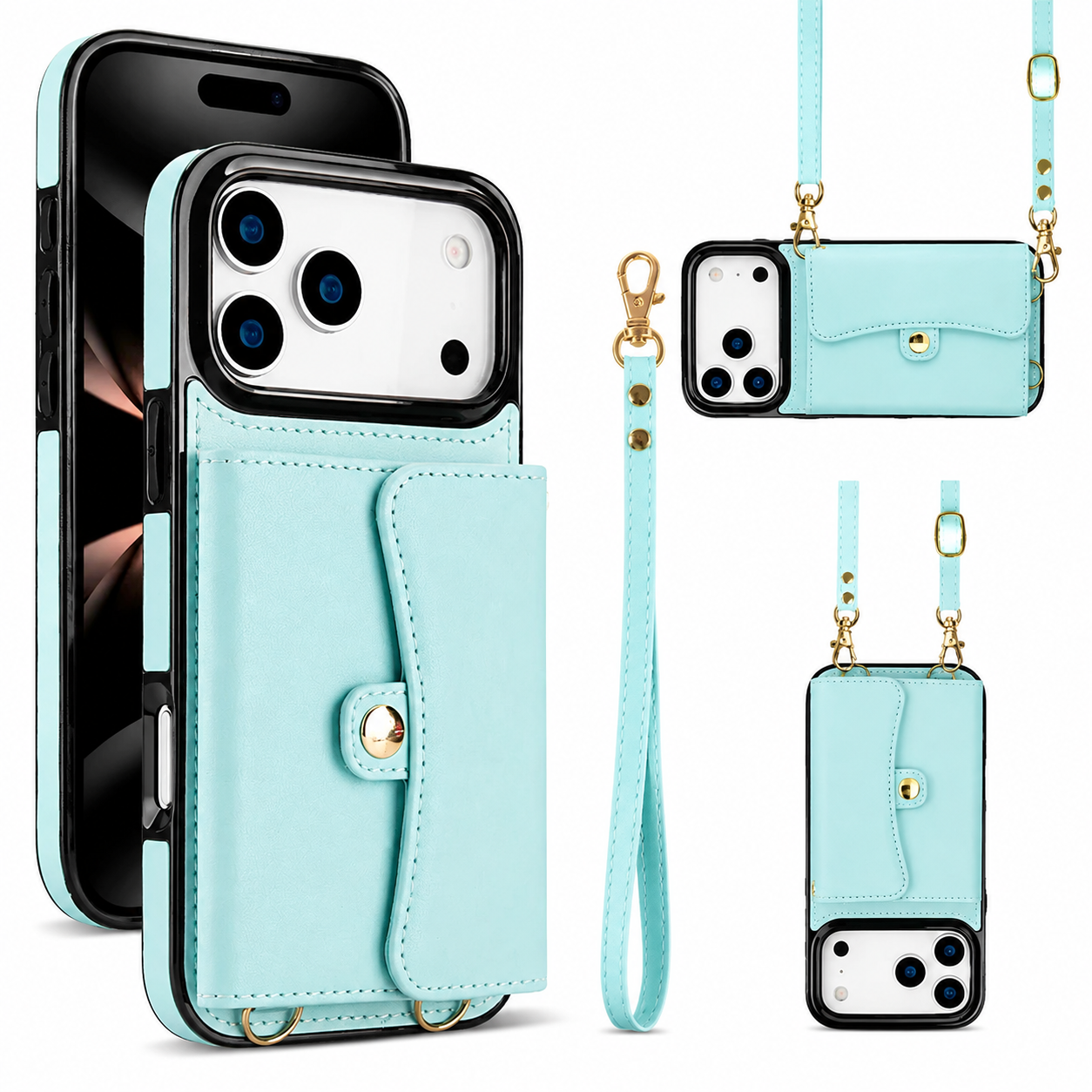 Premium iPhone Case Crossbody Leather Wallet Cover Card Holder Coin Pocket Wrist Strap Shoulder Strap Shockproof Protective Cover Full Coverage Non Slip Design