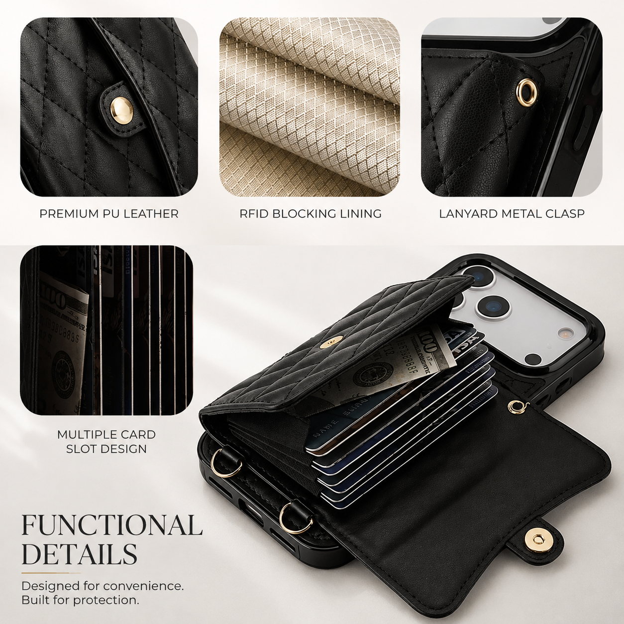 Premium iPhone Case Crossbody Leather Wallet Cover Card Holder Coin Pocket Wrist Strap Shoulder Strap Shockproof Protective Cover Full Coverage Non Slip Design