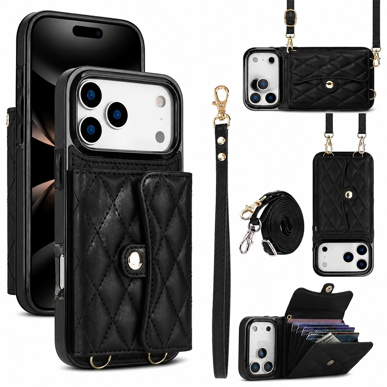 Premium iPhone Case Crossbody Leather Wallet Cover Card Holder Coin Pocket Wrist Strap Shoulder Strap Shockproof Protective Cover Full Coverage Non Slip Design