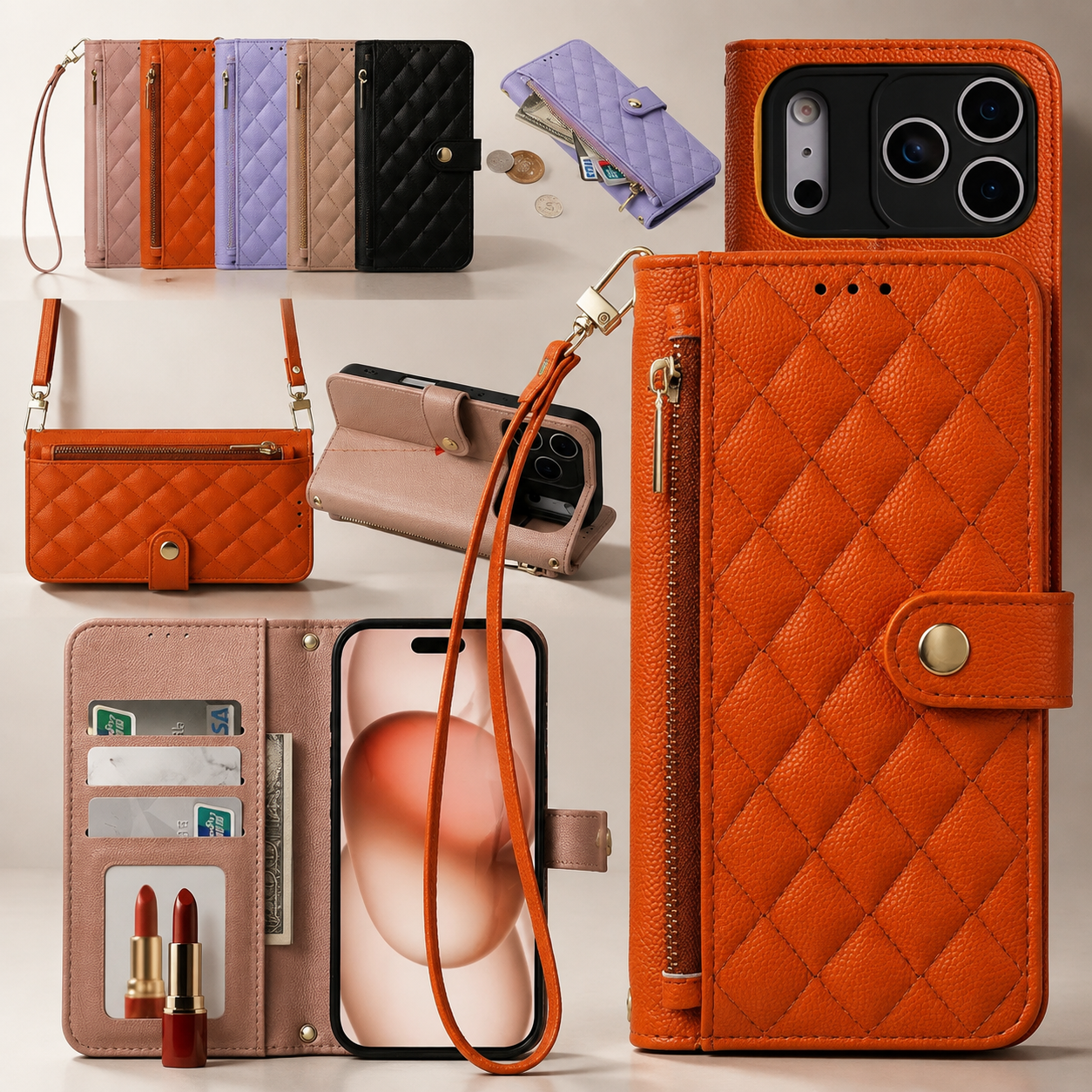 Premium iPhone Case Crossbody Leather Wallet Cover Card Holder Lanyard Strap Camera Lens Protection Anti Scratch Non Slip Protective PU Design