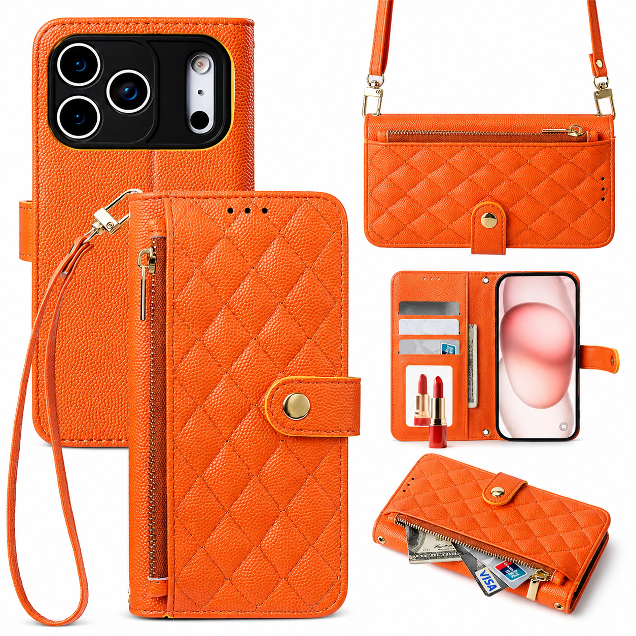Premium iPhone Case Crossbody Leather Wallet Cover Card Holder Lanyard Strap Camera Lens Protection Anti Scratch Non Slip Protective PU Design
