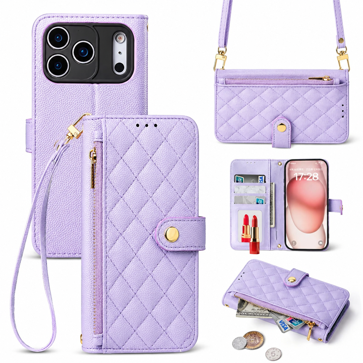 Premium iPhone Case Crossbody Leather Wallet Cover Card Holder Lanyard Strap Camera Lens Protection Anti Scratch Non Slip Protective PU Design