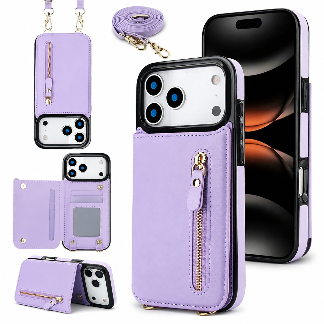 Premium iPhone Case Crossbody Leather Wallet Cover RFID Card Holder Zipper Pocket Lanyard Strap Shockproof Anti Fingerprint Full Coverage