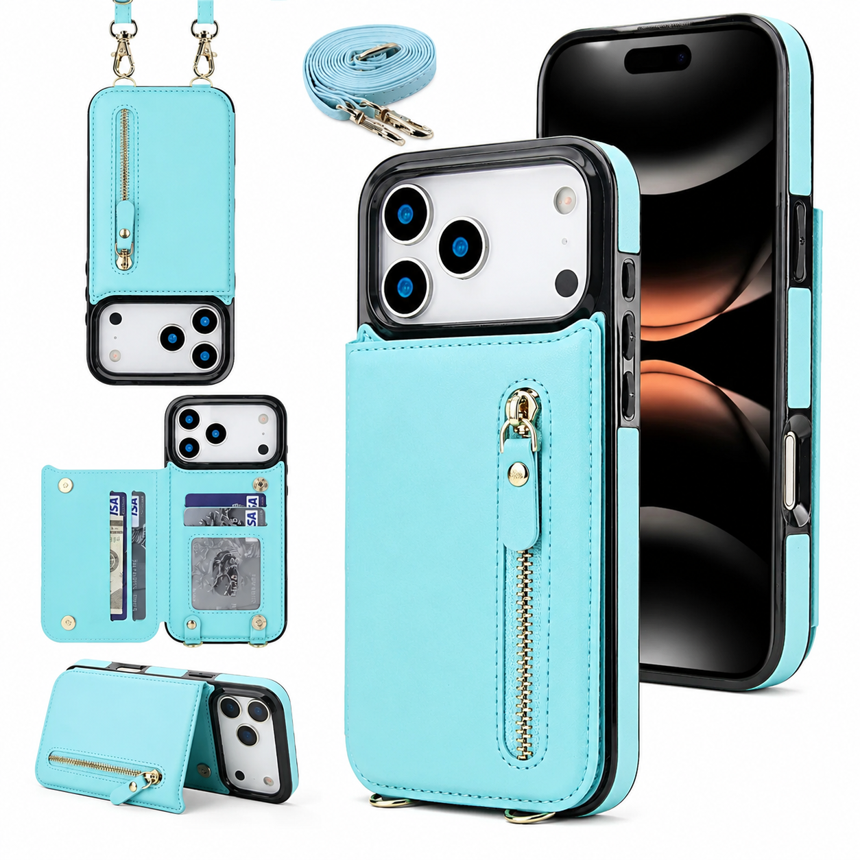 Premium iPhone Case Crossbody Leather Wallet Cover RFID Card Holder Zipper Pocket Lanyard Strap Shockproof Anti Fingerprint Protective Design