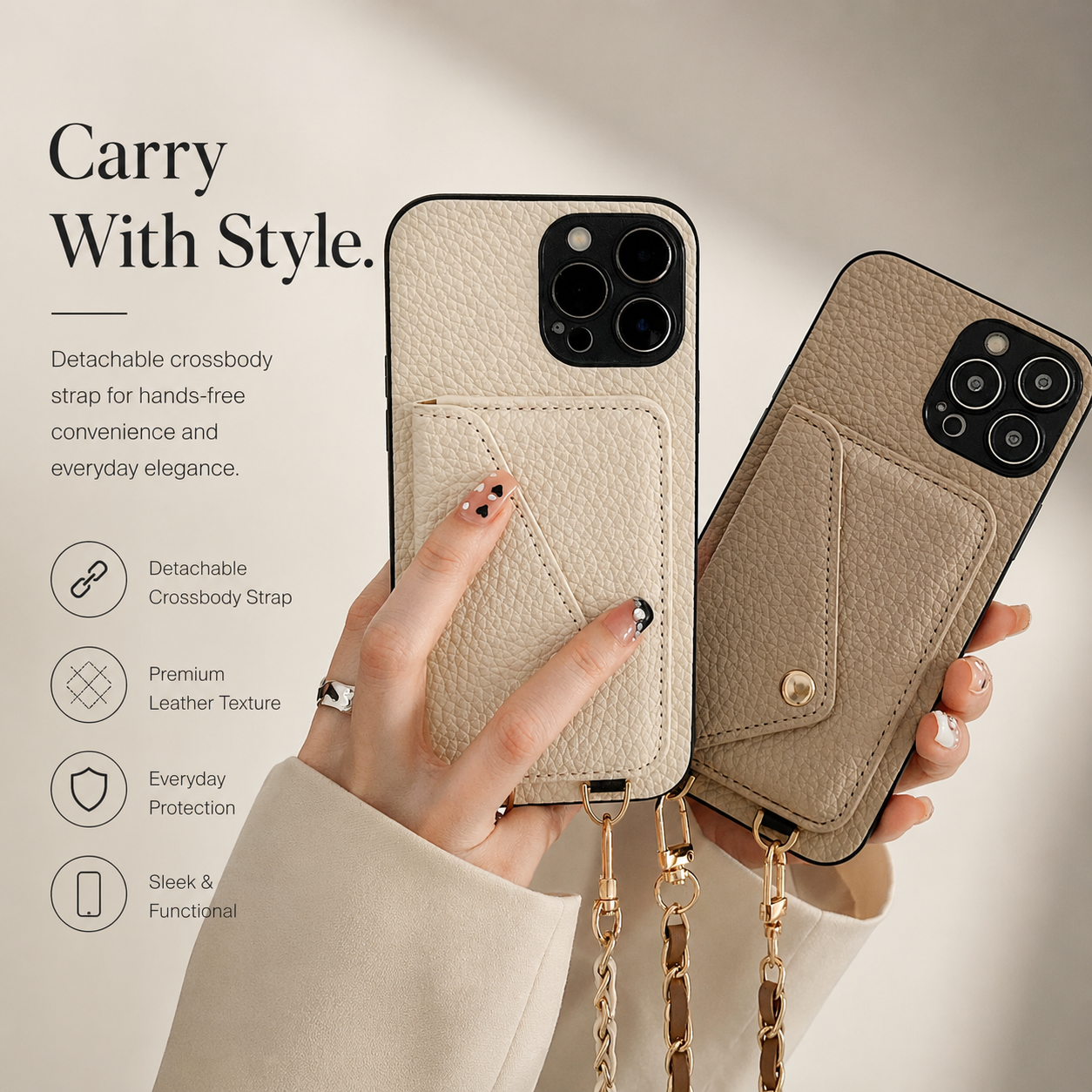 Premium iPhone Case Crossbody Wallet Cover Card Holder Chain Strap Camera Lens Protection PU Leather Shockproof Anti Scratch Full Coverage