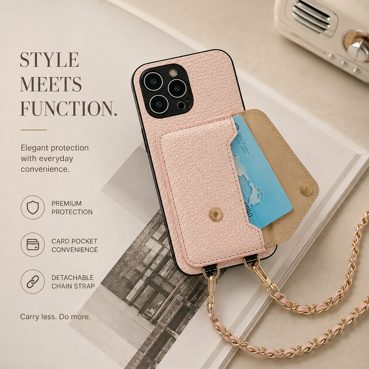 Premium iPhone Case Crossbody Wallet Cover Card Holder Chain Strap Camera Lens Protection PU Leather Shockproof Anti Scratch Full Coverage