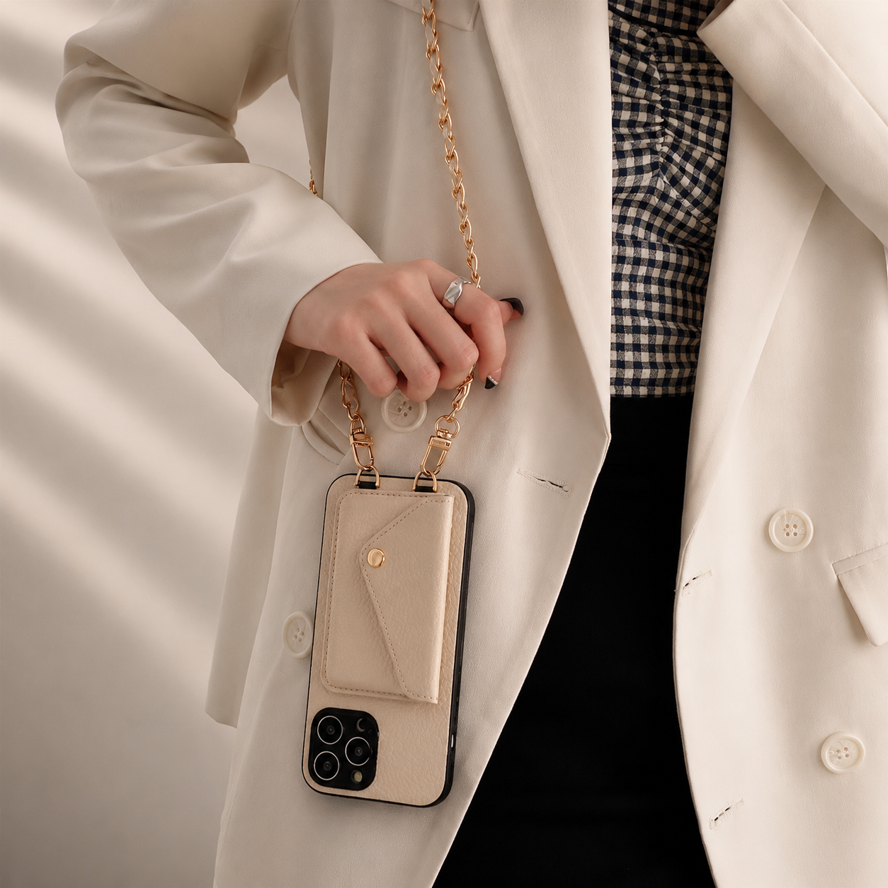 Premium iPhone Case Crossbody Wallet Cover Card Holder Chain Strap Camera Lens Protection PU Leather Shockproof Anti Scratch Full Coverage