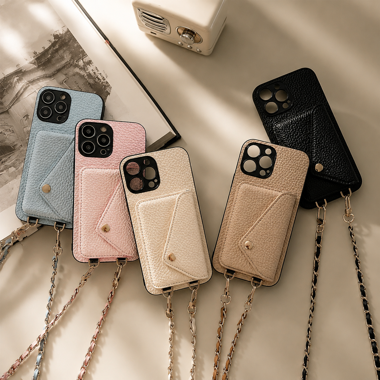 Premium iPhone Case Crossbody Wallet Cover Card Holder Chain Strap Camera Lens Protection PU Leather Shockproof Anti Scratch Full Coverage
