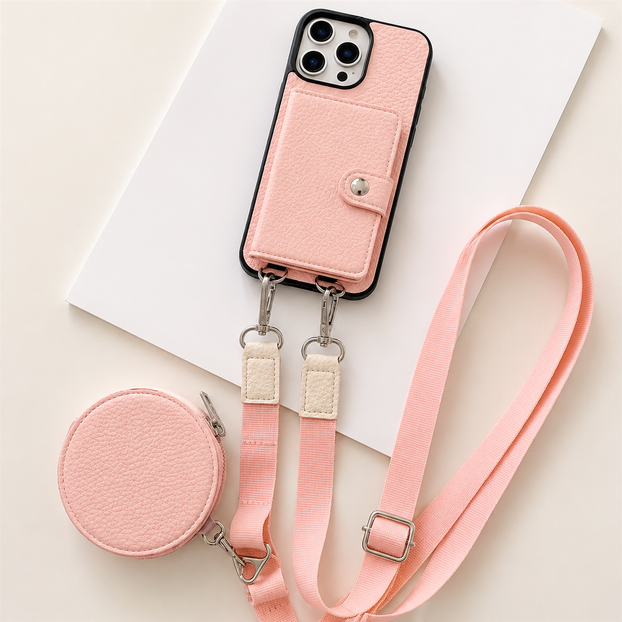 Premium iPhone Case Crossbody Wallet Cover PU Leather Card Slots Zipper Coin Purse Lanyard Strap Shockproof Protective Full Access Design Slim