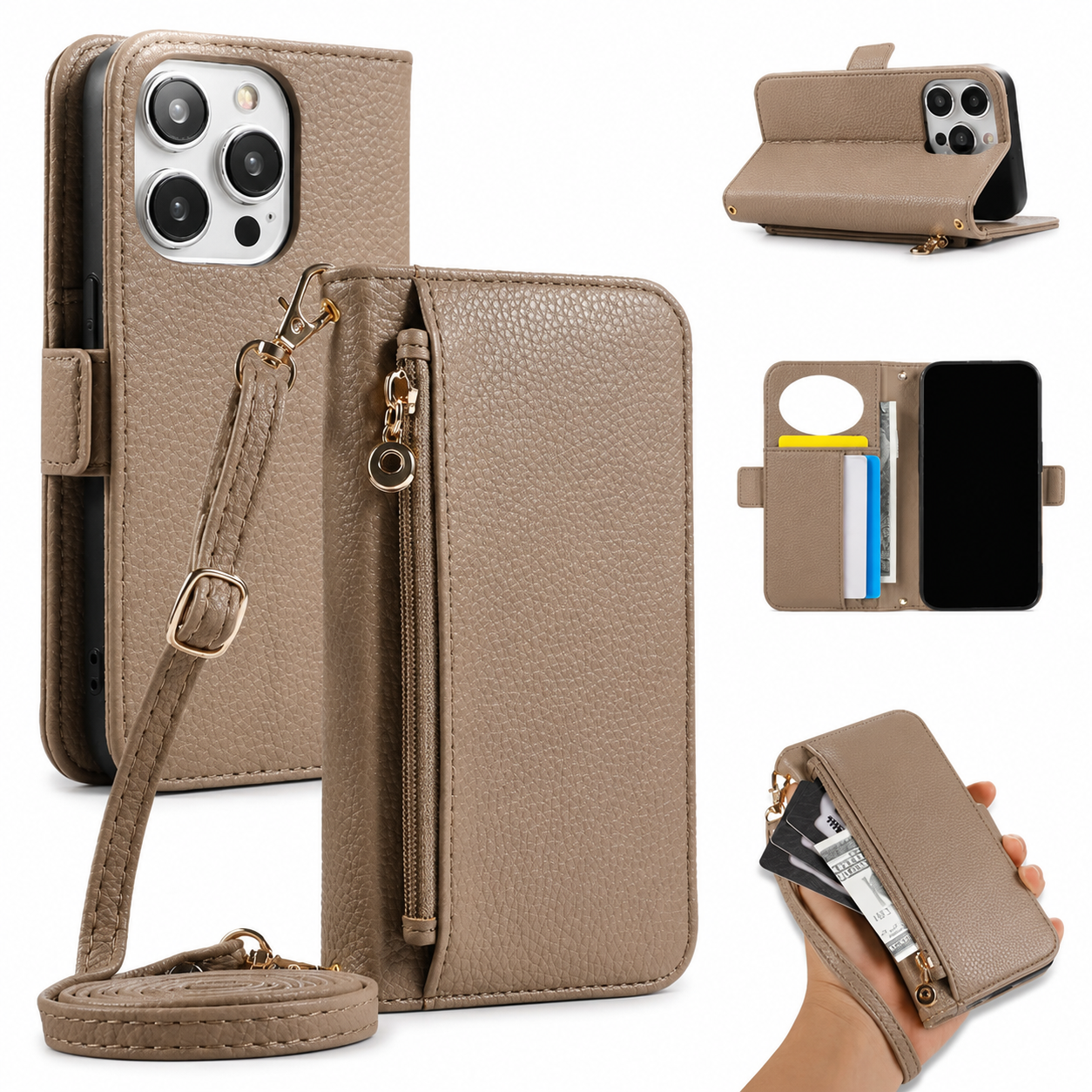Premium iPhone Case Crossbody Wallet Cover PU Leather Zipper Card Holder Strap Shockproof Magnetic Closure Protective Full Coverage Design