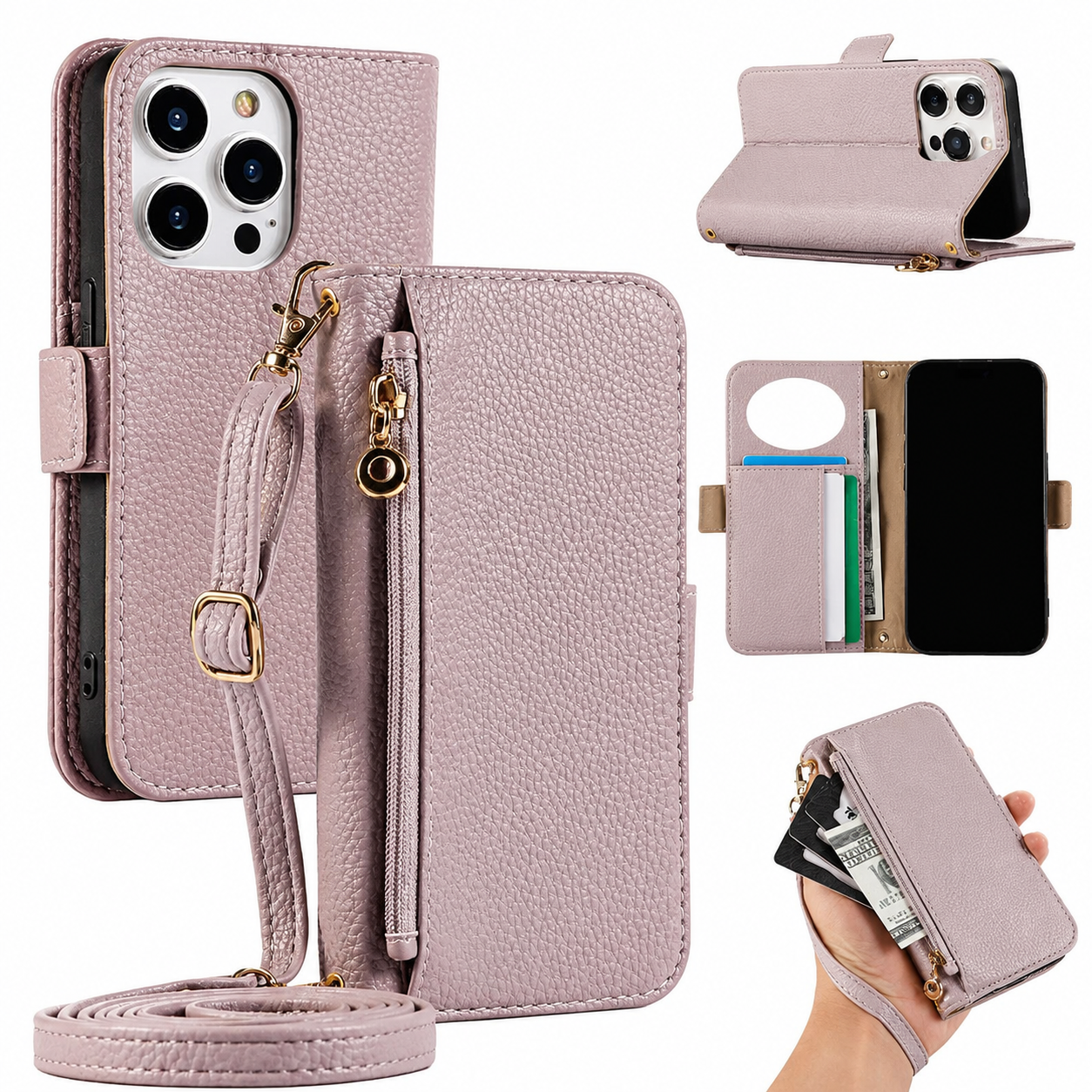 Premium iPhone Case Crossbody Wallet Cover PU Leather Zipper Card Holder Strap Shockproof Magnetic Closure Protective Full Coverage Design