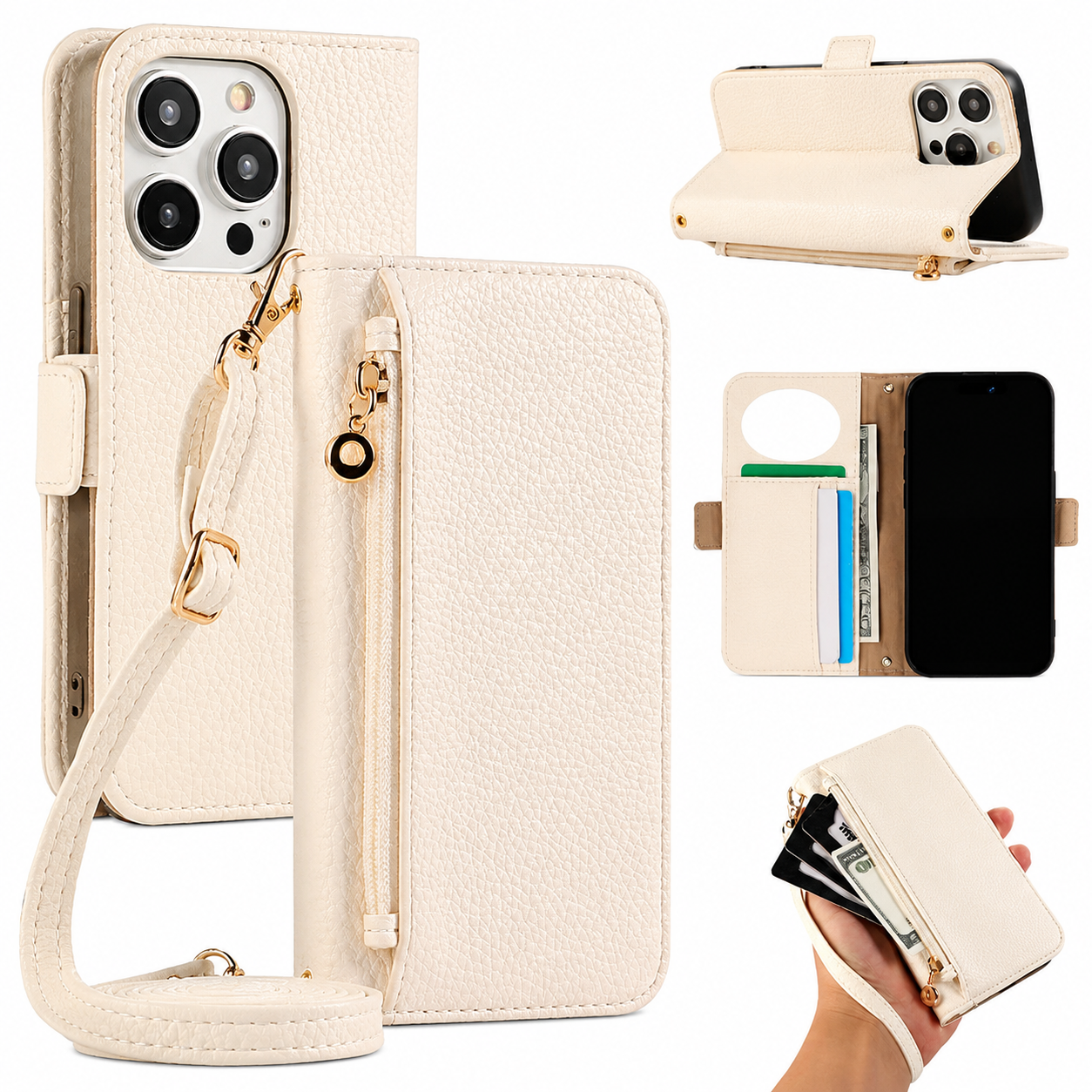 Premium iPhone Case Crossbody Wallet Cover PU Leather Zipper Card Holder Strap Shockproof Magnetic Closure Protective Full Coverage Design