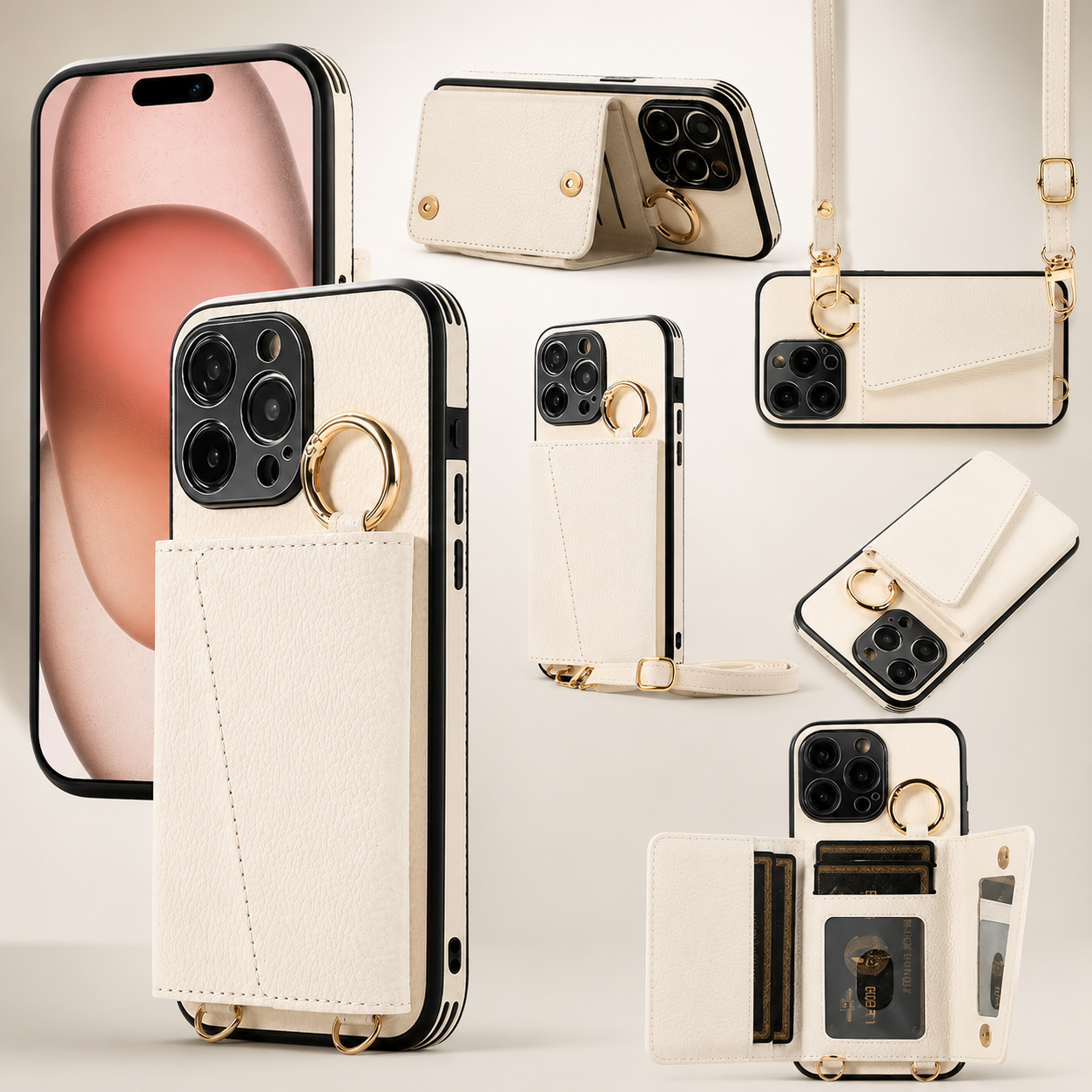 Premium iPhone Case Crossbody Wallet Leather Cover MagSafe Compatible Card Holder Strap Finger Ring Stand Shockproof Protective Case Full Coverage Design
