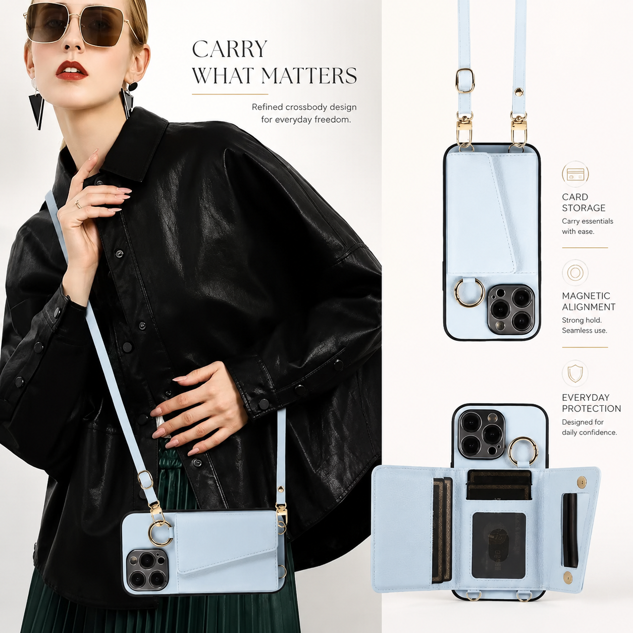 Premium iPhone Case Crossbody Wallet Leather Cover MagSafe Compatible Card Holder Strap Finger Ring Stand Shockproof Protective Case Full Coverage Design