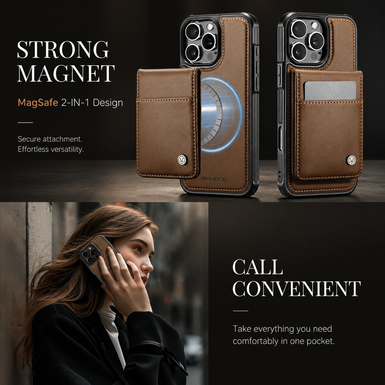 Premium iPhone Case Detachable Magnetic Leather Wallet Cover Card Slot Holder Kickstand Shockproof Anti Fingerprint Protective Design Slim Durable