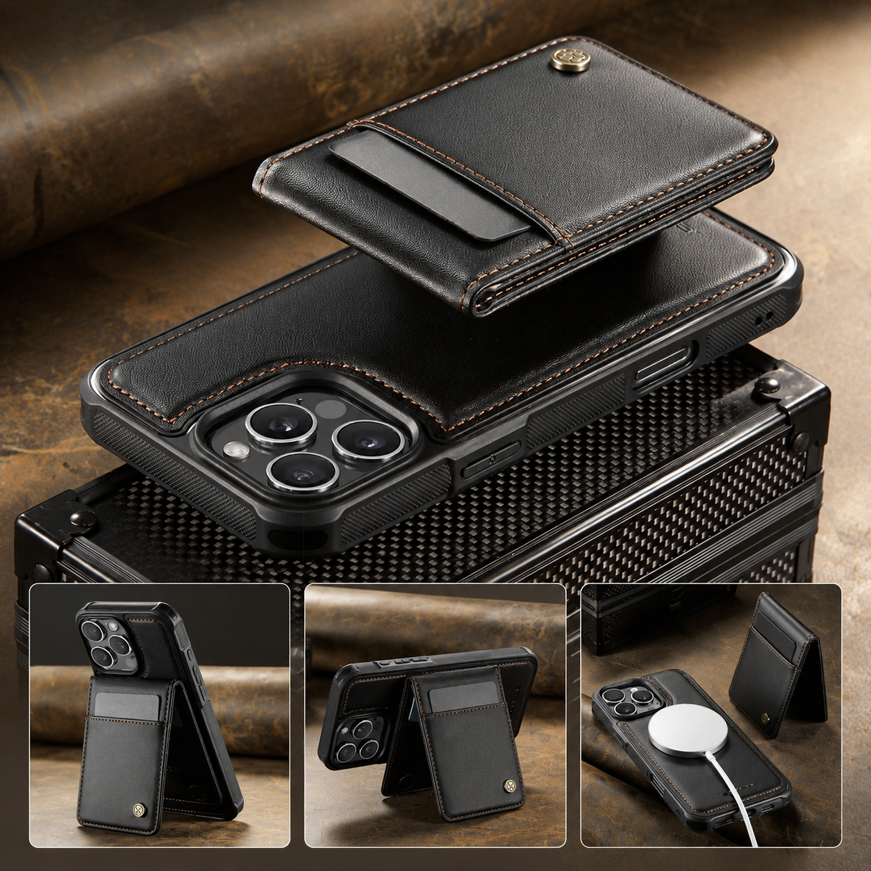 Premium iPhone Case Detachable Magnetic Leather Wallet Cover Card Slot Holder Kickstand Shockproof Anti Fingerprint Protective Design Slim Durable