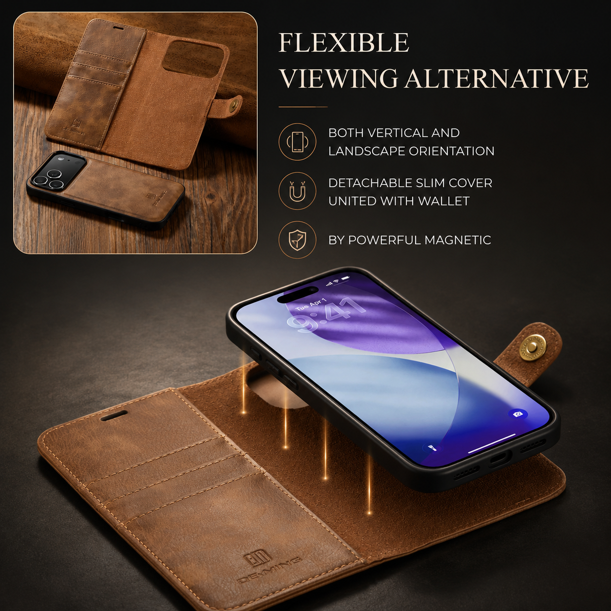 Premium iPhone Case Detachable Magnetic Leather Wallet Cover with Card Holder Flip Design Shockproof Full Body Protection Slim Durable Protective Style