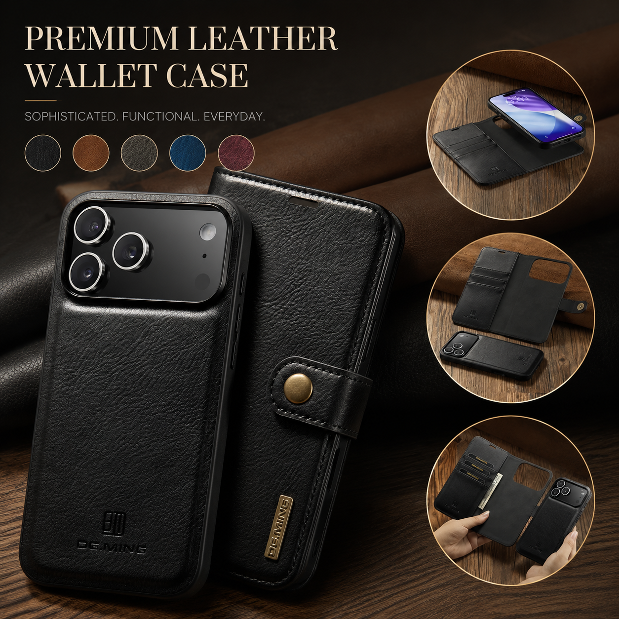 Premium iPhone Case Detachable Magnetic Leather Wallet Cover with Card Holder Flip Design Shockproof Full Body Protection Slim Durable Protective Style