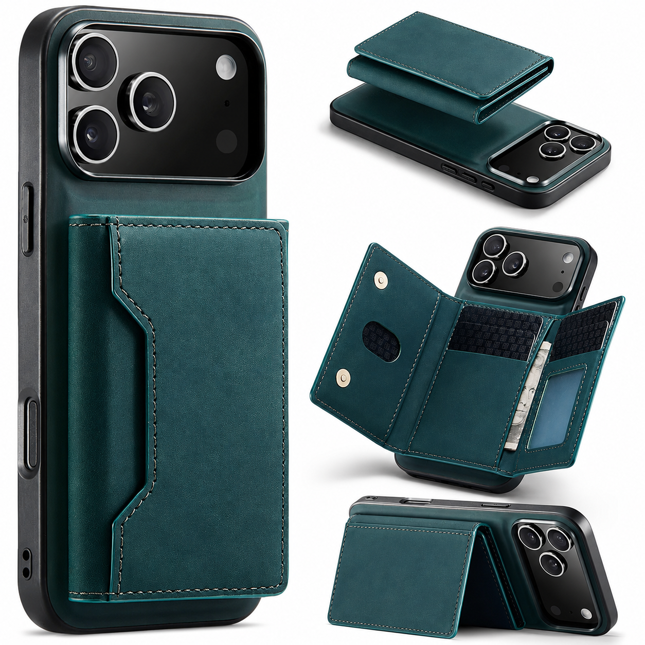 Premium iPhone Case Detachable Magnetic Leather Wallet Protective Cover Card Holder Kickstand Camera Lens Protection Anti Scratch Full Coverage