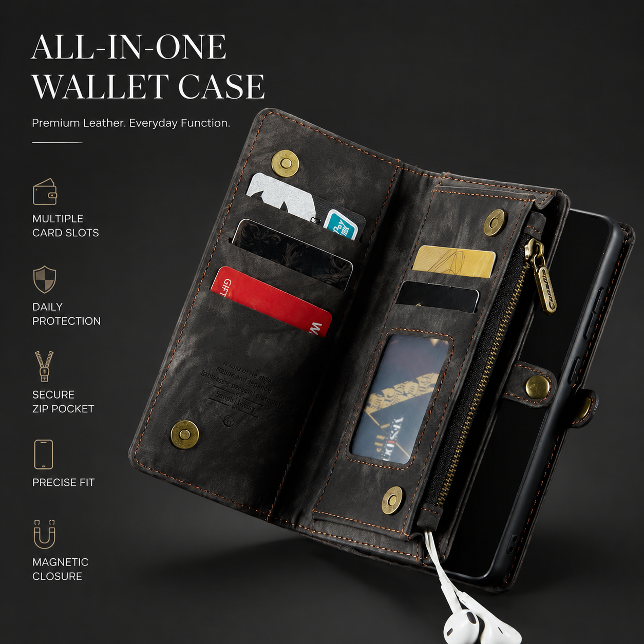 Premium iPhone Case Detachable Wallet Flip PU Leather Cover Zipper Card Holder Magnetic Closure Shockproof Protective Case Full Coverage Design