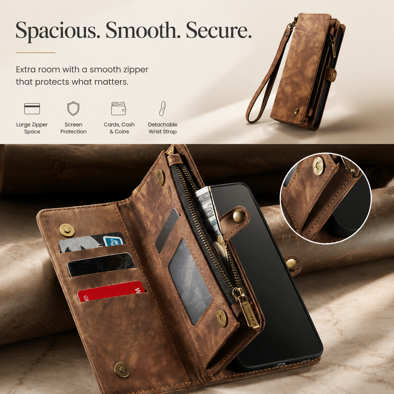 Premium iPhone Case Detachable Wallet Flip PU Leather Cover Zipper Card Holder Magnetic Closure Shockproof Protective Case Full Coverage Design