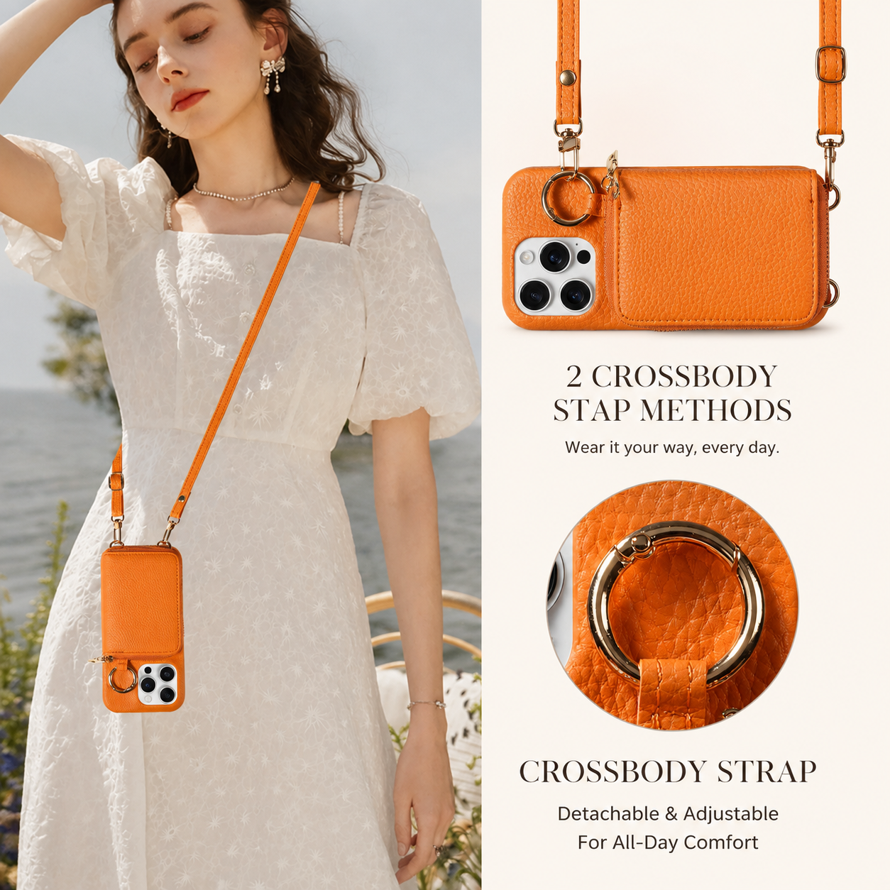 Premium iPhone Case Faux Leather Crossbody Wallet Cover Card Holder Ring Stand Shockproof Anti Scratch Protective Case Lanyard Full Coverage