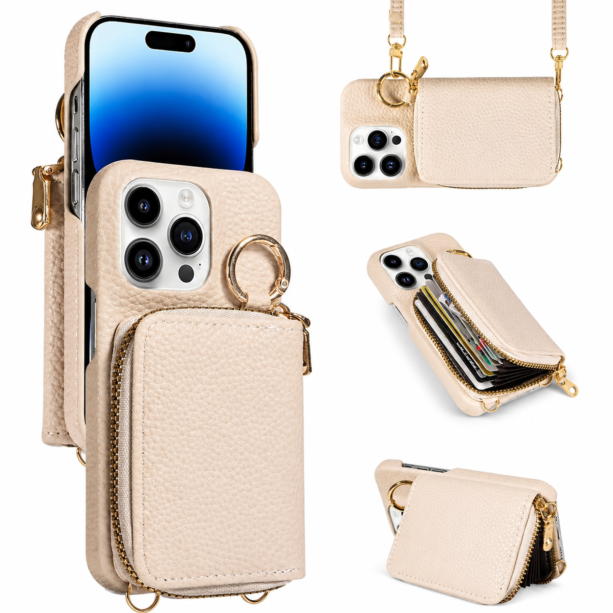 Premium iPhone Case Faux Leather Crossbody Wallet Cover Card Holder Ring Stand Shockproof Anti Scratch Protective Case Lanyard Full Coverage