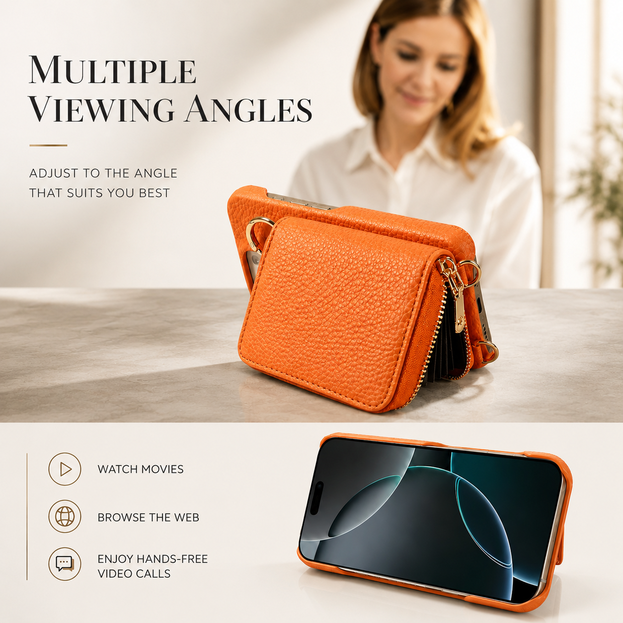 Premium iPhone Case Faux Leather Wallet Cover Card Holder Crossbody Strap Ring Holder Shockproof Protective Full Coverage Slim Design