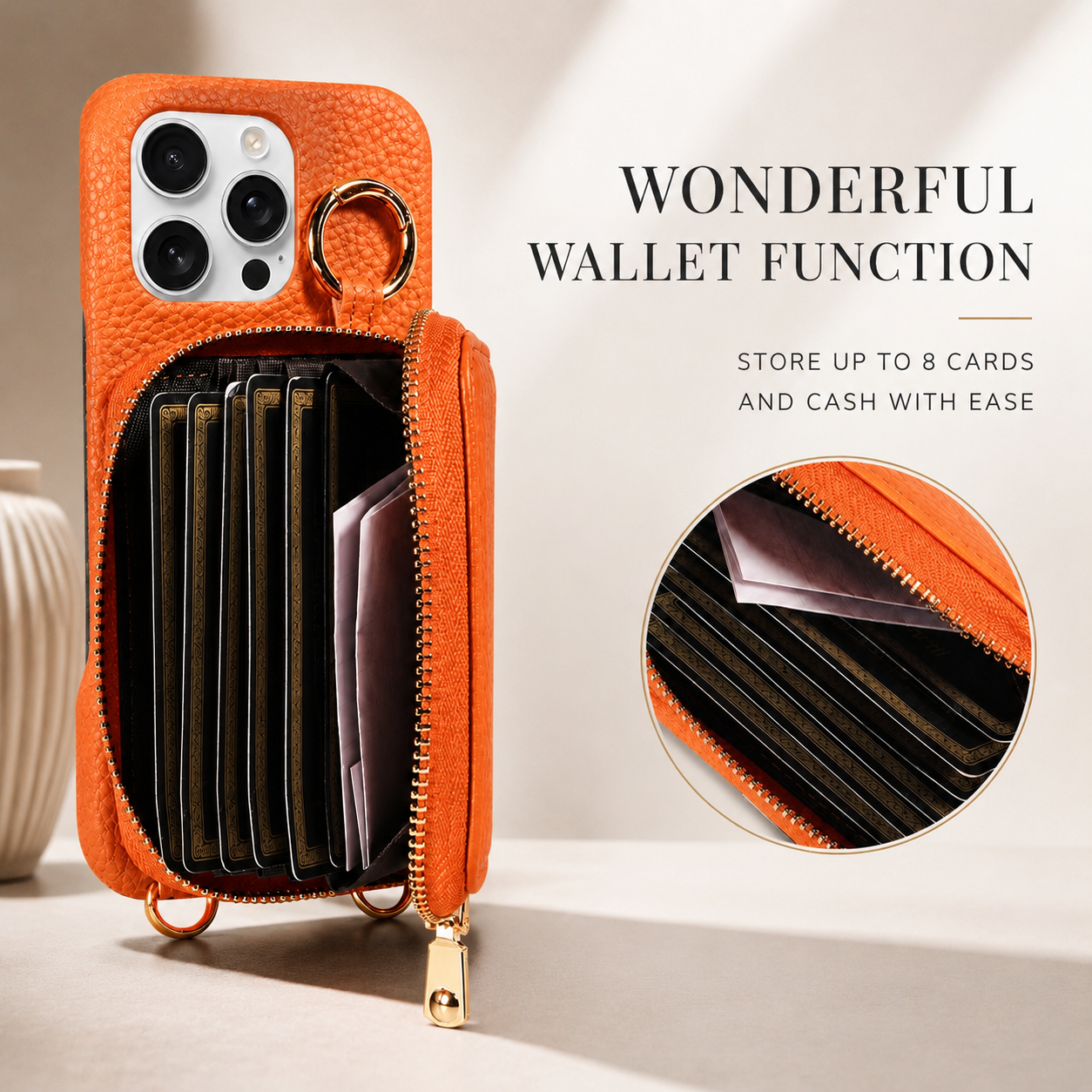 Premium iPhone Case Faux Leather Wallet Cover Card Holder Crossbody Strap Ring Holder Shockproof Protective Full Coverage Slim Design