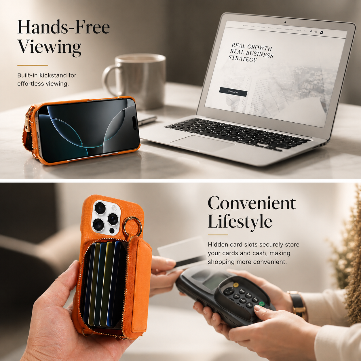 Premium iPhone Case Faux Leather Wallet Cover Card Holder Crossbody Strap Ring Holder Shockproof Protective Full Coverage Slim Design