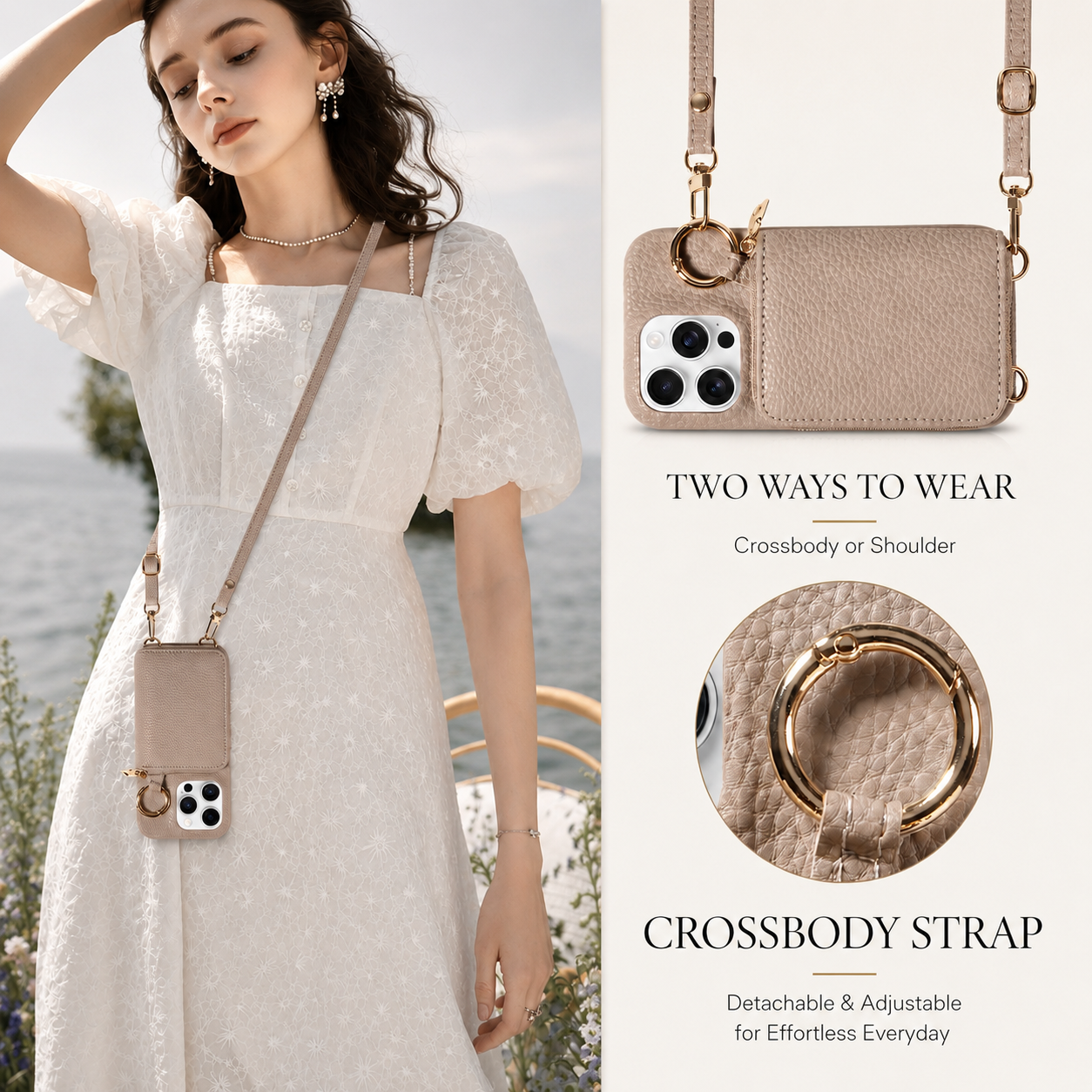 Premium iPhone Case Faux Leather Wallet Cover Card Holder Crossbody Strap Ring Holder Shockproof Protective Full Coverage Slim Design