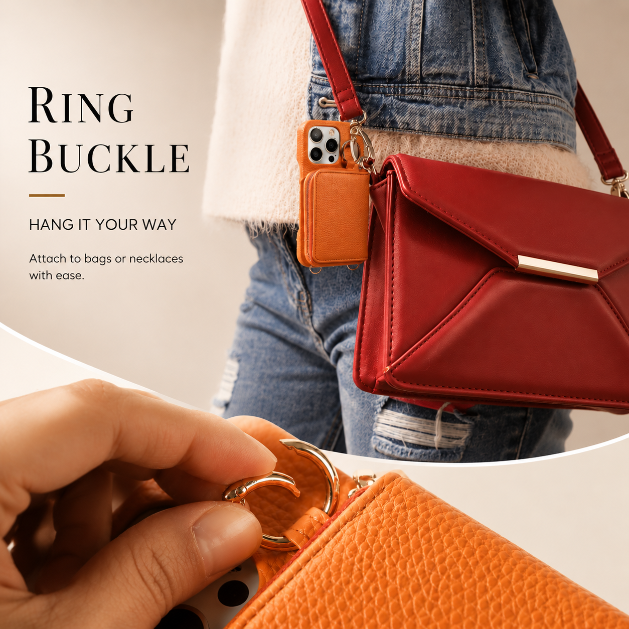 Premium iPhone Case Faux Leather Wallet Cover Card Holder Crossbody Strap Ring Holder Shockproof Protective Full Coverage Slim Design