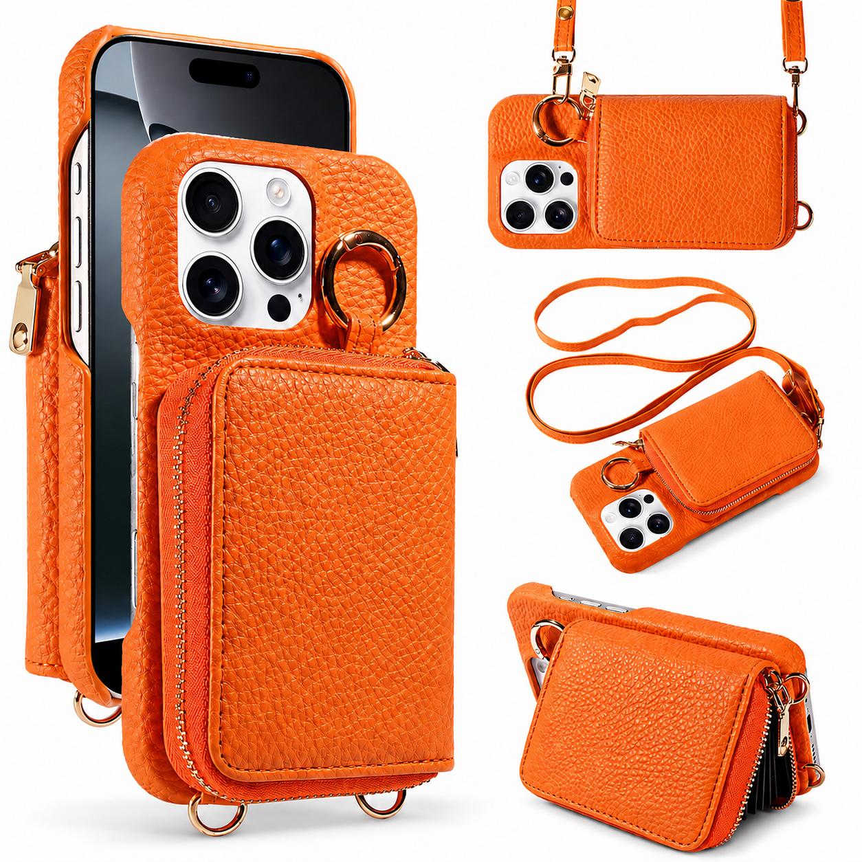 Premium iPhone Case Faux Leather Wallet Cover Card Holder Crossbody Strap Ring Holder Shockproof Protective Full Coverage Slim Design