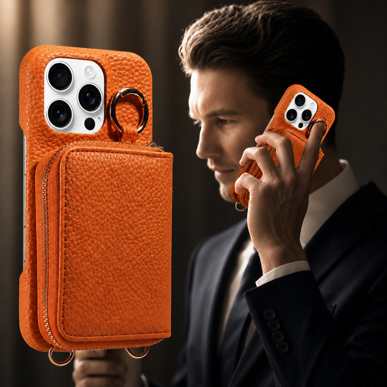 Premium iPhone Case Faux Leather Wallet Cover Card Holder Crossbody Strap Ring Holder Shockproof Protective Full Coverage Slim Design