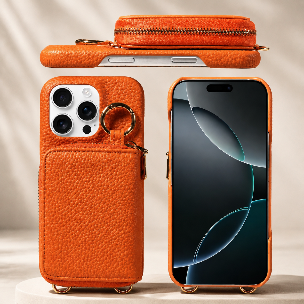 Premium iPhone Case Faux Leather Wallet Cover Card Holder Crossbody Strap Ring Holder Shockproof Protective Full Coverage Slim Design