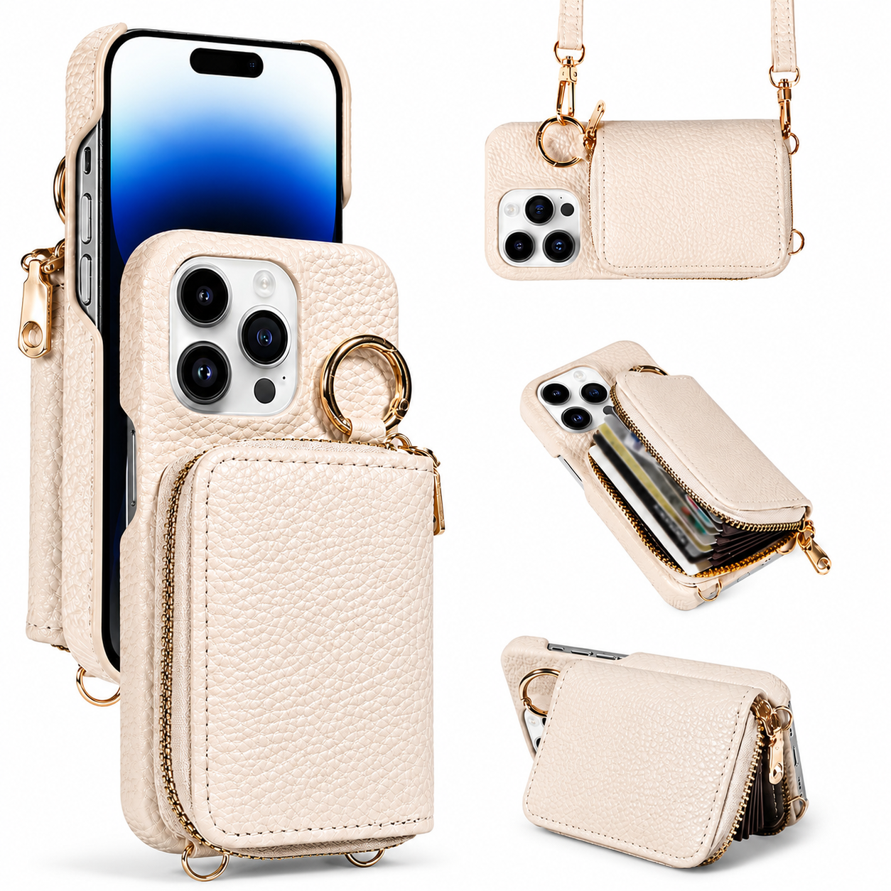 Premium iPhone Case Faux Leather Wallet Cover Card Holder Crossbody Strap Ring Holder Shockproof Protective Full Coverage Slim Design