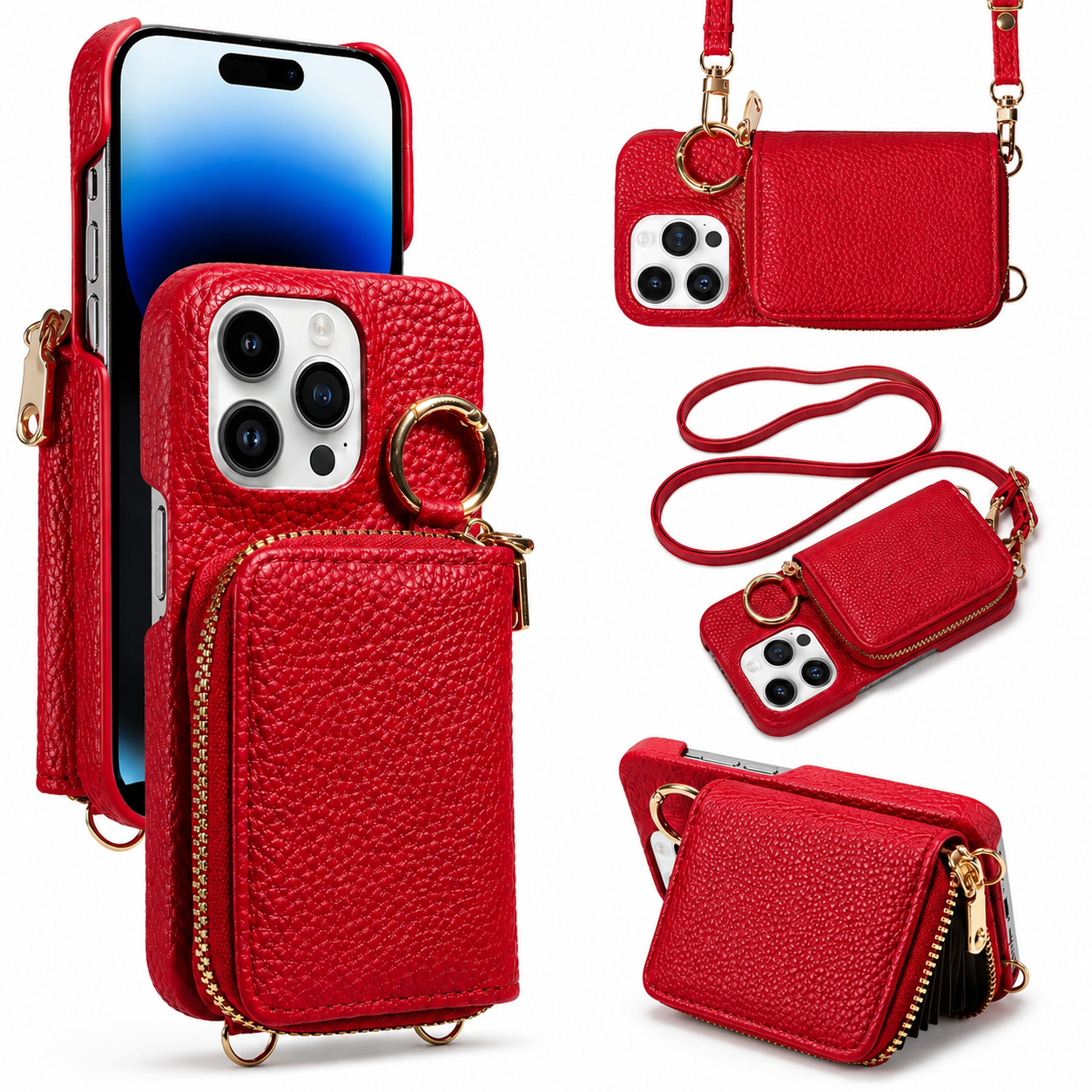 Premium iPhone Case Faux Leather Wallet Cover Card Holder Crossbody Strap Ring Holder Shockproof Protective Full Coverage Slim Design