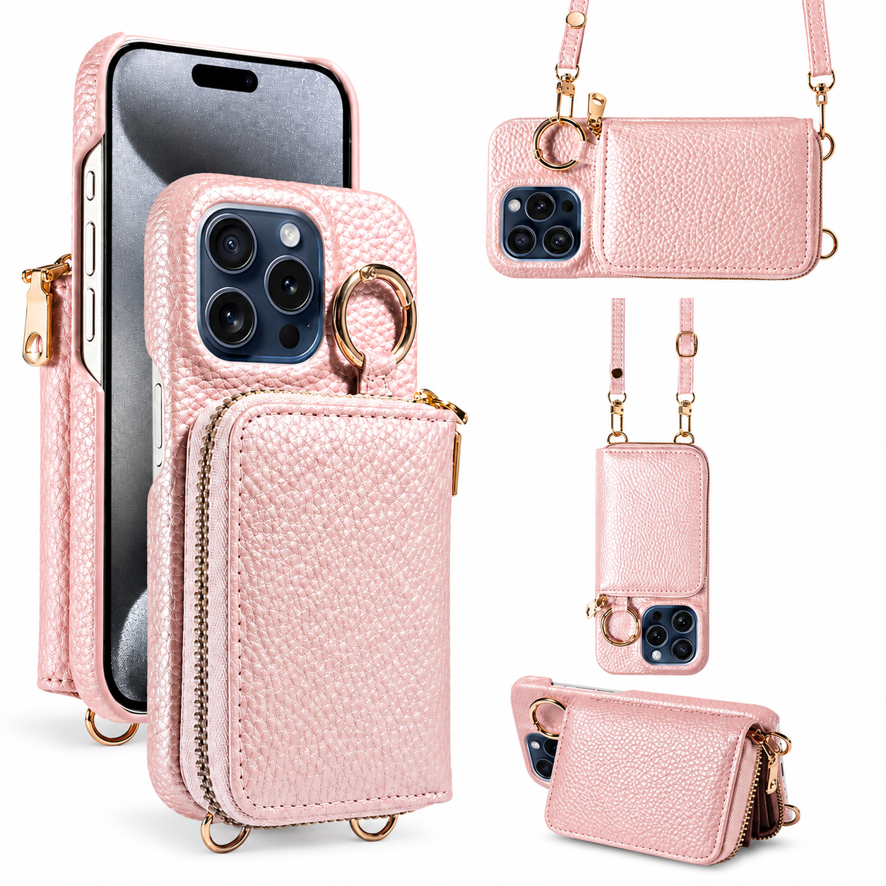 Premium iPhone Case Faux Leather Wallet Cover Card Holder Crossbody Strap Ring Holder Shockproof Protective Full Coverage Slim Design