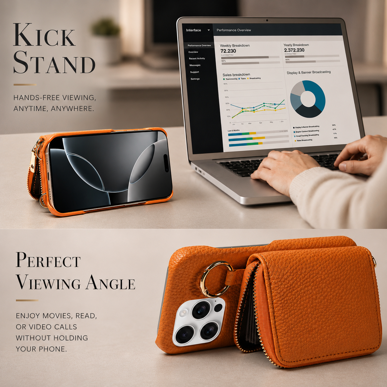 Premium iPhone Case Faux Leather Wallet Cover Card Holder Crossbody Strap Ring Holder Shockproof Protective Full Coverage Slim Design